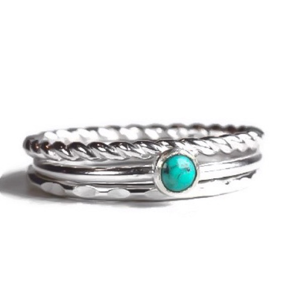(2-13) 925 Sterling Silver Genuine 4mm Turquoise Bezel Set Gemstone Ring Set - Picture 3 of 8